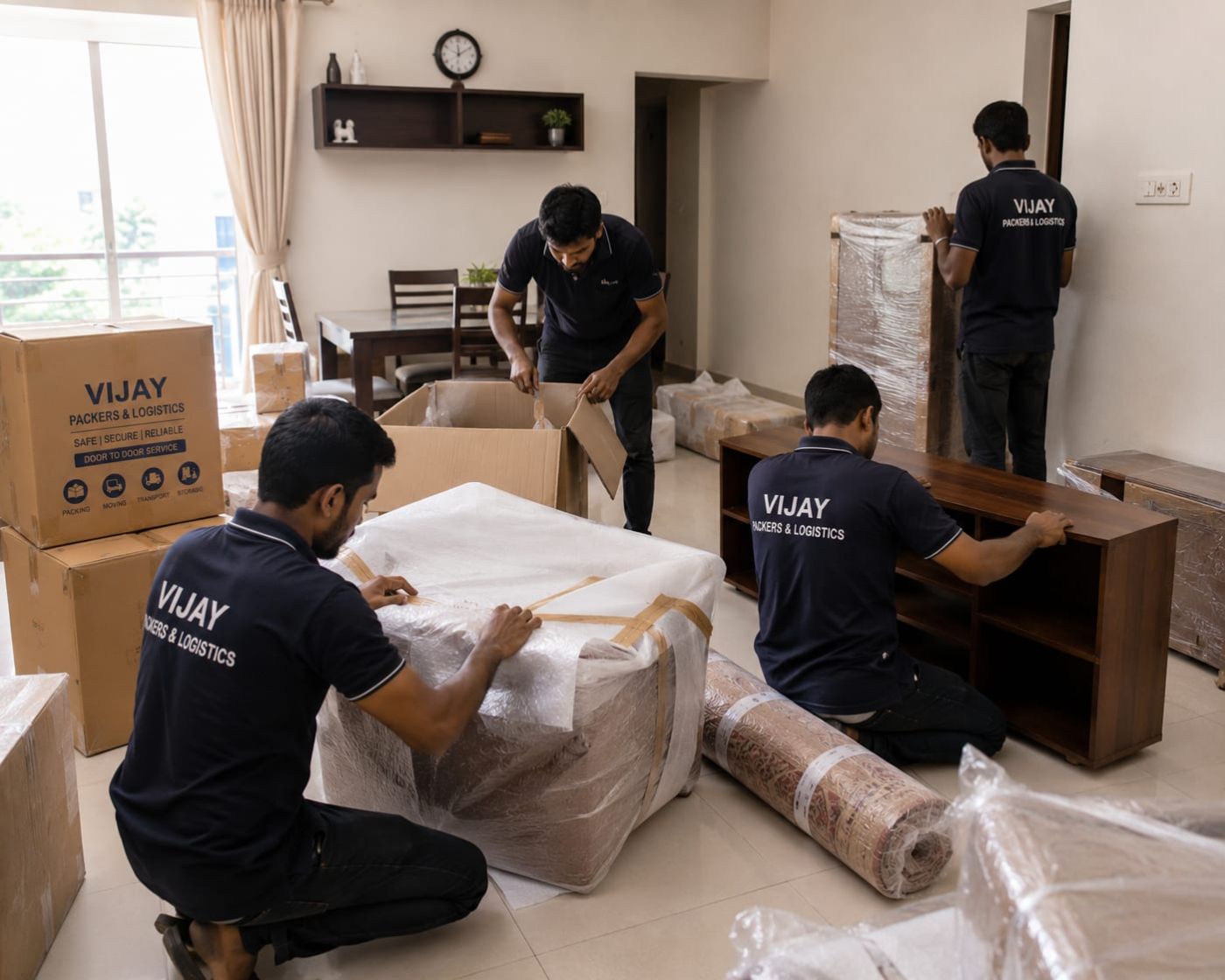 Vijay Packers & Logistics team wrapping furniture and packing cartons inside a home