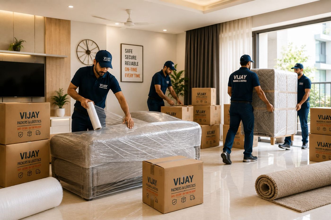 Packers stretch-wrapping a sofa and carrying padded furniture during a household move
