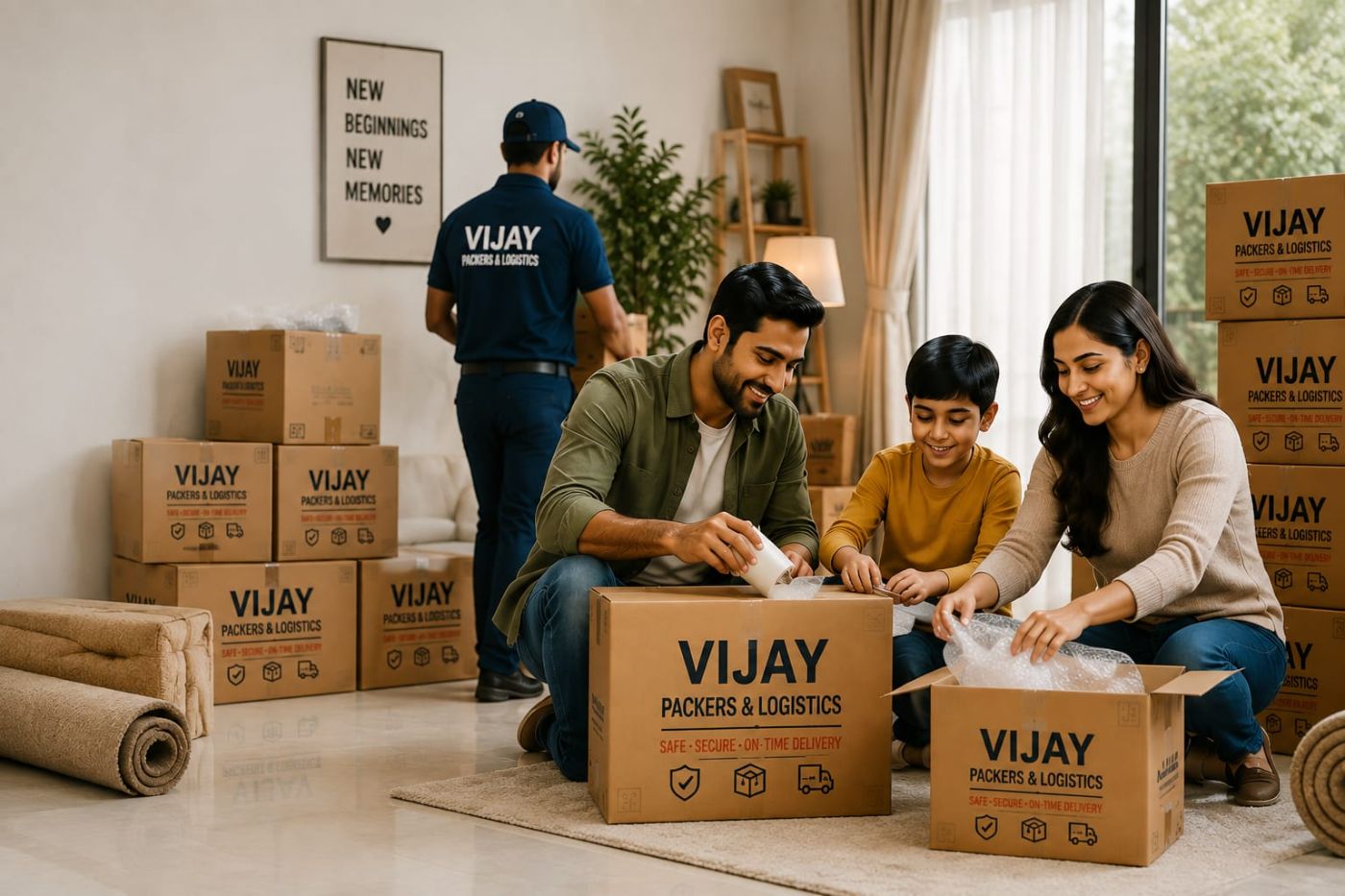A family unpacking Vijay Packers & Logistics cartons in their new home