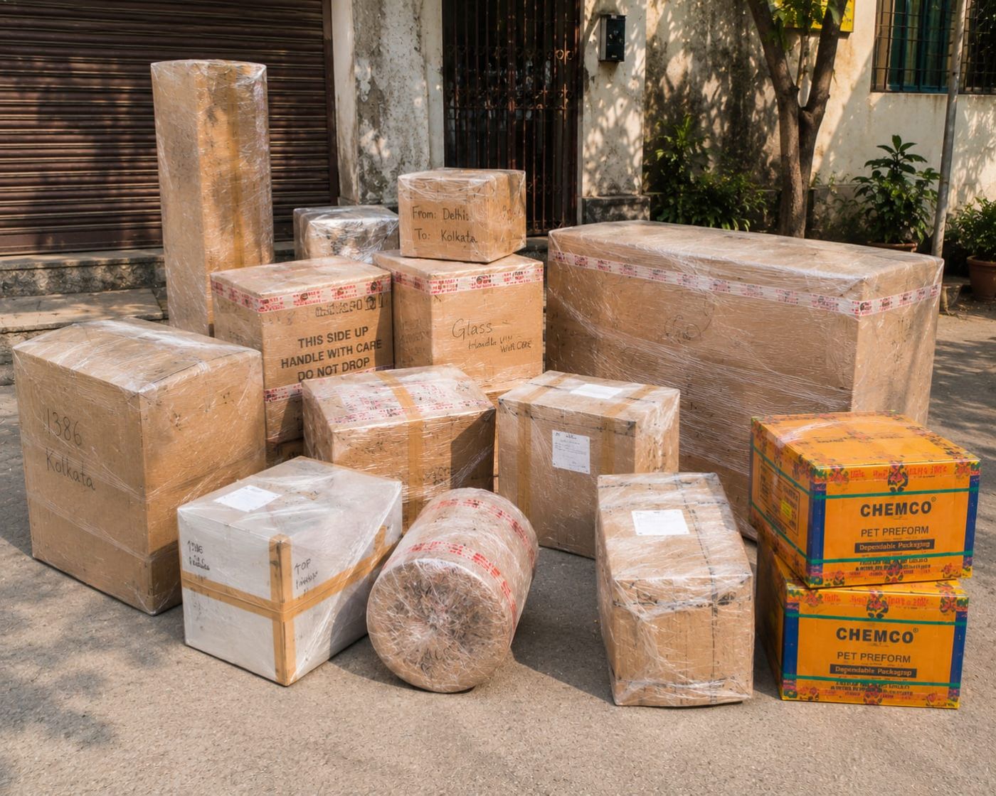 Wrapped and labelled consignment marked From Delhi To Kolkata, ready for dispatch