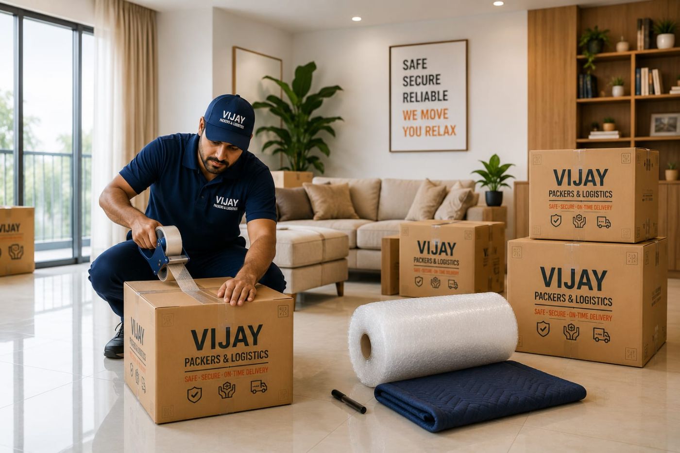 Packer sealing a branded carton with bubble wrap and moving blanket ready