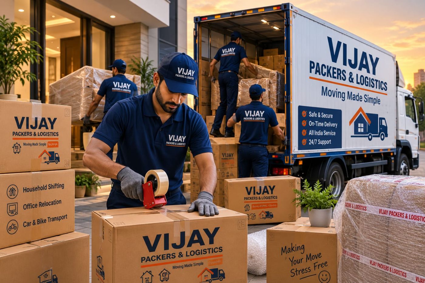Vijay Packers & Logistics crew sealing branded cartons and loading a company truck