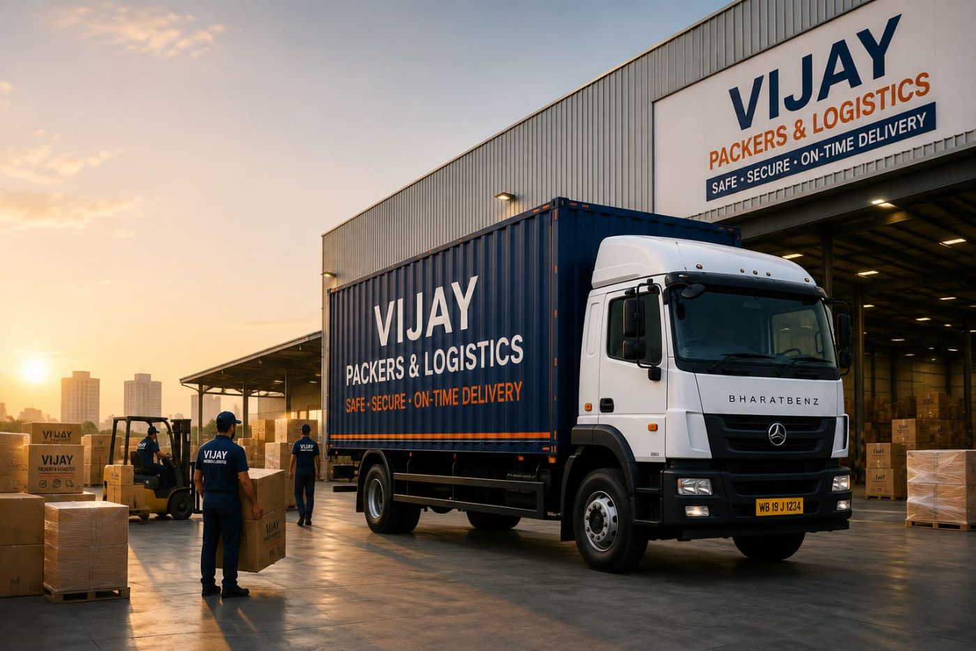 Vijay Packers & Logistics truck at a warehouse loading bay