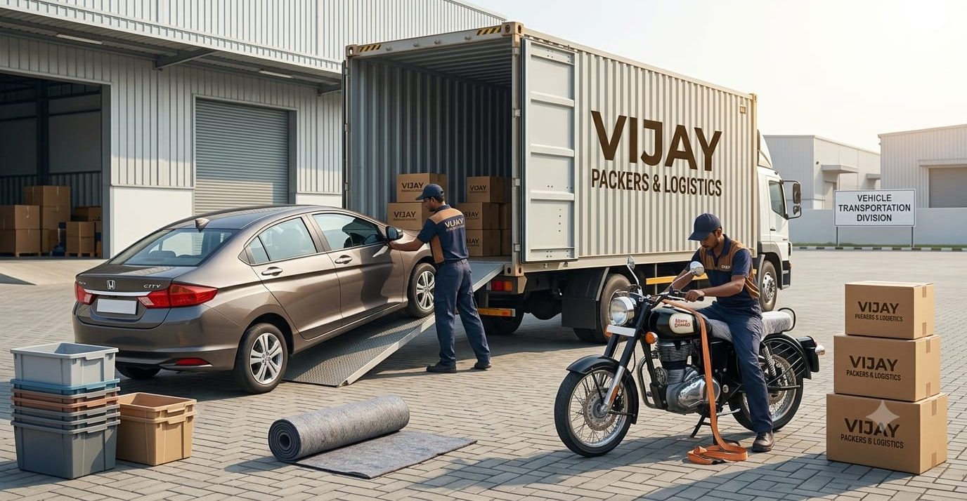 Vijay Packers & Logistics crew loading a car onto a carrier ramp and strapping a motorcycle for transport